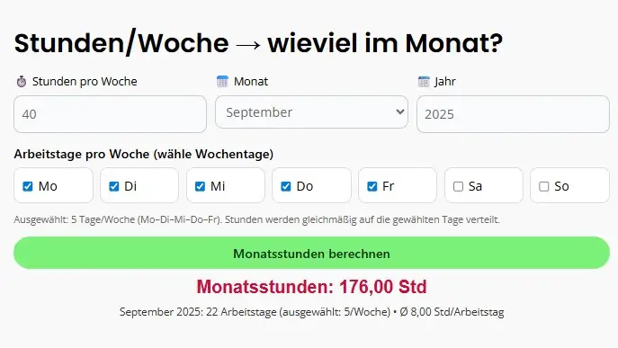 Stunden Woche wieviel im Monat Rechner Screenshot stunden-lohn-rechner.de