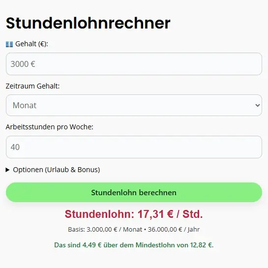 Stundenlohnrechner 2025 Bild vom Rechner zwecks Stundenlohn berechnen