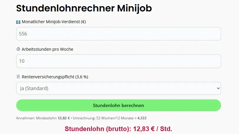 Stundenlohnrechner Minijob 2025 Bild vom Rechner zwecks Stundenlohn berechnen für Minijobber
