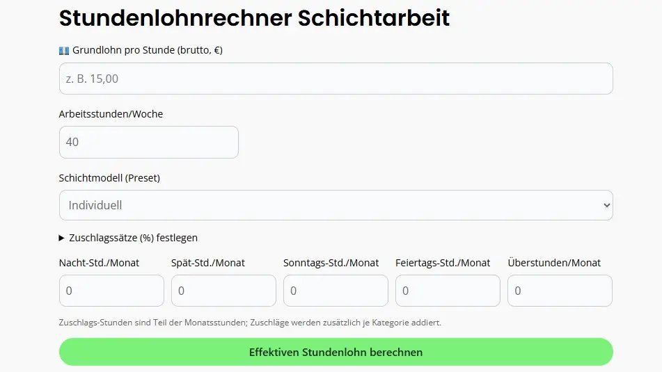 Stundenlohnrechner Schichtarbeit 2025 für 3 Schicht Gehaltsrechner und 4 Schicht Gehaltsrechner