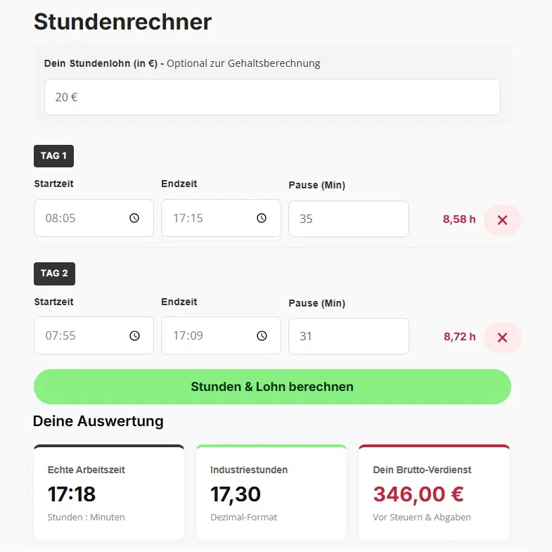 Stundenrechner online für Arbeitszeit und Lohn mit Industrie Dezimal